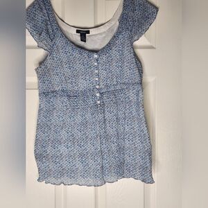 Alfani 14 Blue GeometricPrint SILKBlend Shrtslv Lined 1/2Buttons Women TopBlouse